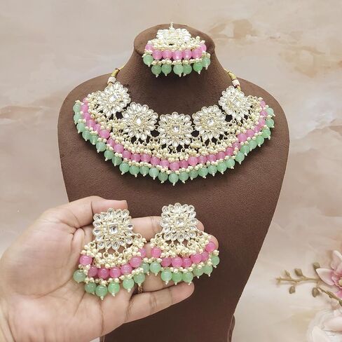 Nukh Ethnic Wear Kundan Studded Indian Necklace Set, Wedding Festive Wear Kundan Jewelry Set, Bollywood Style Fashion Jewelry Set for Women, Girl in Saudi Arabia