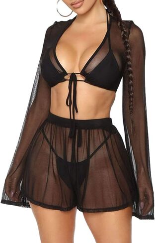 المرأة 2 قطعة شبكة شير طويلة الأكمام المحاصيل القمم + شورت السباحة التستر ملابس السباحة الشاطئ ثوب السباحة in Kuwait