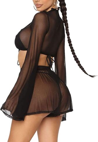 المرأة 2 قطعة شبكة شير طويلة الأكمام المحاصيل القمم + شورت السباحة التستر ملابس السباحة الشاطئ ثوب السباحة in Kuwait