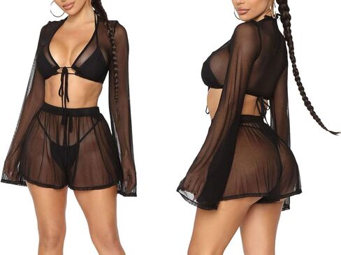 المرأة 2 قطعة شبكة شير طويلة الأكمام المحاصيل القمم + شورت السباحة التستر ملابس السباحة الشاطئ ثوب السباحة in Kuwait