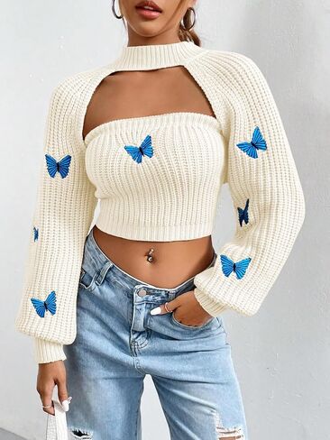 COZYEASE Women's Butterfly Print Tube Knit Top Long Sleeve Crop Shrug Sweater Cable Knit Sweater in Saudi Arabia