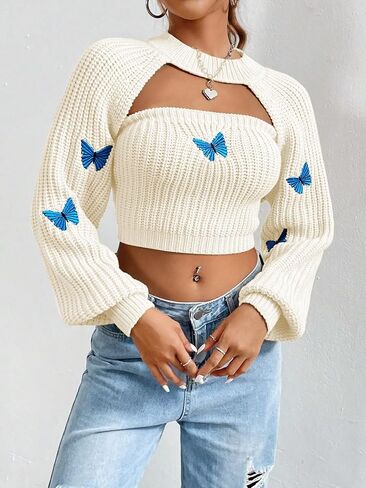 COZYEASE Women's Butterfly Print Tube Knit Top Long Sleeve Crop Shrug Sweater Cable Knit Sweater in Saudi Arabia