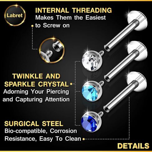 BanaVega 3 قطعة من الفولاذ الجراحي داخليًا مترابطة Labret 16 جرام 1/4 6 مللي متر 3 مللي متر أقراط اللولب الكريستالي الزنمة ثقب المجوهرات رؤية المزيد من الألوان in Kuwait