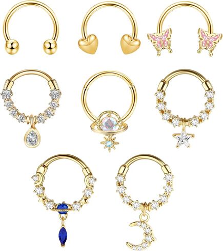 Dochais 8 قطع خواتم الحاجز 16 جرام مجوهرات الحاجز الفولاذ المقاوم للصدأ الحاجز الأنف خواتم فراشة تشيكوسلوفاكيا القلب الحاجز الدائري استرخى Daith اللولب الغضروف ثقب الأنف الثقب المجوهرات in Kuwait