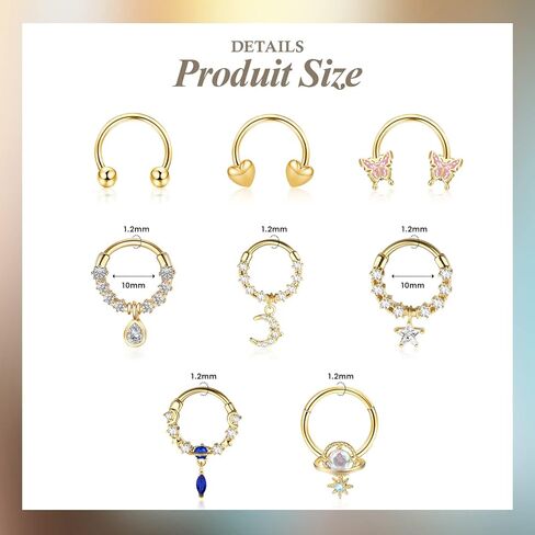 Dochais 8 قطع خواتم الحاجز 16 جرام مجوهرات الحاجز الفولاذ المقاوم للصدأ الحاجز الأنف خواتم فراشة تشيكوسلوفاكيا القلب الحاجز الدائري استرخى Daith اللولب الغضروف ثقب الأنف الثقب المجوهرات in Kuwait