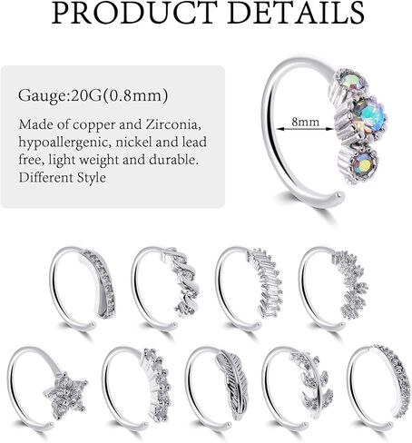 Lusofie 10Pcs Silver Open Nose Hoops 8MM Nose Rings Cartilage Tragus Lip Hoop Rings Body Piercing Jewelry Hoop for Women in Kuwait