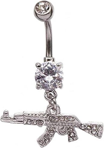 JLEXCMT Fashion Dangle Navel Ring Clear Gem Gun Belly Button Ring Body Piercing Jewelry for Women Belly Piercing Gold Silver in Saudi Arabia