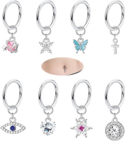 FIBO STEEL 14G Dngle Belly Button Rings 316L Surgical Steel Belly Hoop Ring Clear CZ Heart Butterfly Evil Eye Navel Rings Clicker Segment Belly Piercing Jewelry in Saudi Arabia