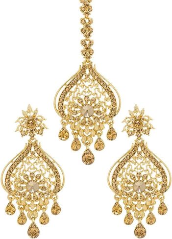 بيندهاني قطعة رأس ذهبية من حجر الراين مانغ تكا وأقراط هندية للنساء in Kuwait