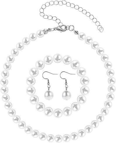Faux Pearl Jewelry Set Simulated Pearl Necklace Bracelet Earrings for Women Girls Birthday Christmas Gift in Saudi Arabia