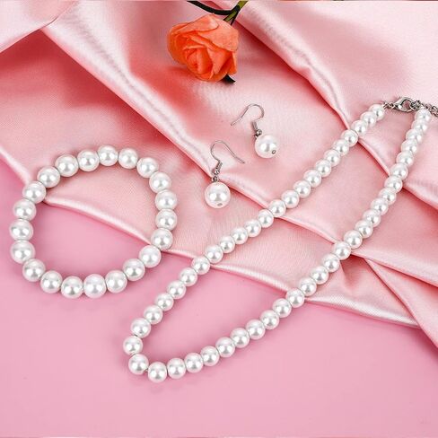 Faux Pearl Jewelry Set Simulated Pearl Necklace Bracelet Earrings for Women Girls Birthday Christmas Gift in Saudi Arabia