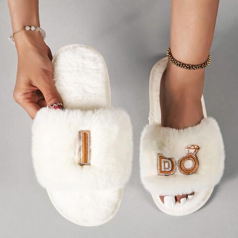 شباشب Vamelia النسائية I Do Slide، أحذية مسطحة لوصيفات العروس، شباشب زفاف زغبية، العروس لتكون، هدايا الزواج لشهر العسل in Kuwait