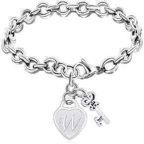 malyunin Initial Bracelets Key Heart Charm Bracelets for Women Charms Bracelet for Girls Stainless Steel Bracelet 26 Letters Jewelry Birthday A-Z
