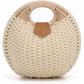 Ynport Straw Purses for Women Summer Beach Rattan Tote Bag Round Handle Ring Handbag Retro Handmade Woven Shell Bag