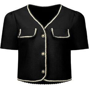 Hobemty Women's Tweed Jacket Contrast Color Button Down Short Sleeve Work Office Blazer