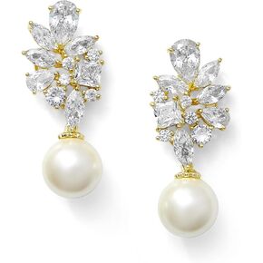 Mariell Gold Pearl Drop Bridal Earrings with CZ Crystal, Statement Jewelry for Bride, Mother of the Bride, Metal Gemstone, Cubic Zirconia in Kuwait