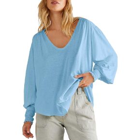 Tankaneo Womens Tunics Tops V Neck High Low Asymmetrical Long Sleeve Shirts Casual Loose Fit Tees Blouses