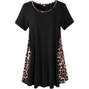 LARACE Leopard Print Tops for Womens Short Sleeve Shirts Plus Size Tunic Swing Summer Clothes Color Block Tee