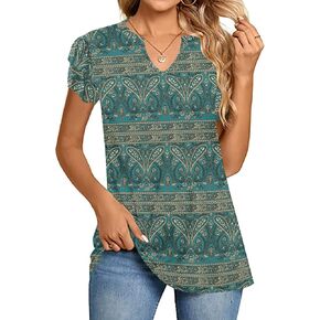 DouBCQ Womens Summer Ruffle Short Sleeve Tops Casual V Neck Shirts Loose Flowy Tunics