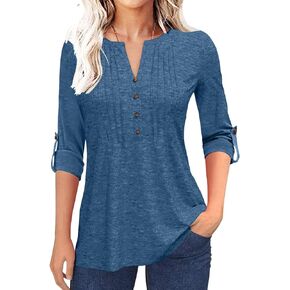 Grlasen Women's Fashion Long Sleeve T-Shirt Pleated Button V-Neck Solid Color Casual Tunic Top in Kuwait