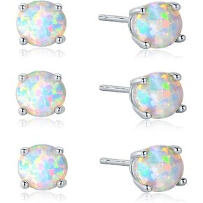 GEMSME 18K White Gold Plated 6mm Round White Opal Stud Earrings For Women