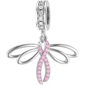 LEECCI Breast Cancer Awareness Charm Dragonfly Pink Ribbon Charm for Bracelet Sterling Silver Women's Charm Bead Bracelets with Cubic Zirconia Breast Cancer Survivor Gifts for Women, Sterling Silver, in Kuwait