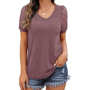 IWOLLENCE Waffle Knit Lace Short Sleeve Blouses V Neck T Shirts Summer Casual Tops for Women in Saudi Arabia