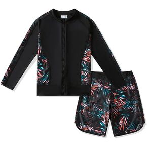 Girls Swimsuit Rash Guard 2-Piece Long Sleeve Bathing Suit with UPF50+ Summer Beach Swimwear Size 4-14T