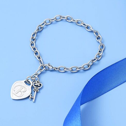malyunin Initial Bracelets Key Heart Charm Bracelets for Women Charms Bracelet for Girls Stainless Steel Bracelet 26 Letters Jewelry Birthday A-Z in Saudi Arabia