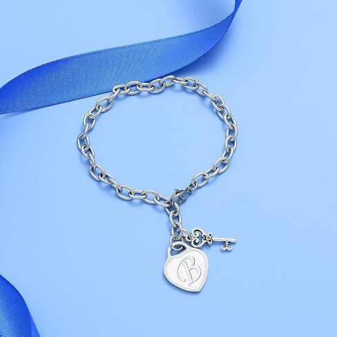 malyunin Initial Bracelets Key Heart Charm Bracelets for Women Charms Bracelet for Girls Stainless Steel Bracelet 26 Letters Jewelry Birthday A-Z in Saudi Arabia