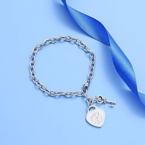 malyunin Initial Bracelets Key Heart Charm Bracelets for Women Charms Bracelet for Girls Stainless Steel Bracelet 26 Letters Jewelry Birthday A-Z in Saudi Arabia