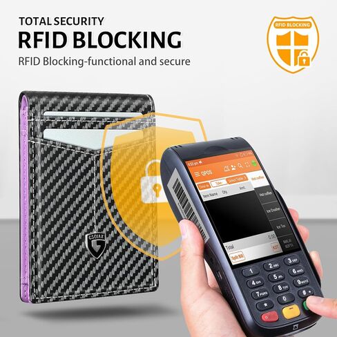 محفظة GSOIAX رفيعة للرجال من الجلد من ألياف الكربون RFID مع جيب أمامي بسيط ومحفظة ثنائية الطي مع نافذة لبطاقة الهوية، 12 حامل بطاقة ائتمان مع صندوق هدايا (أرجواني كربوني) in Kuwait
