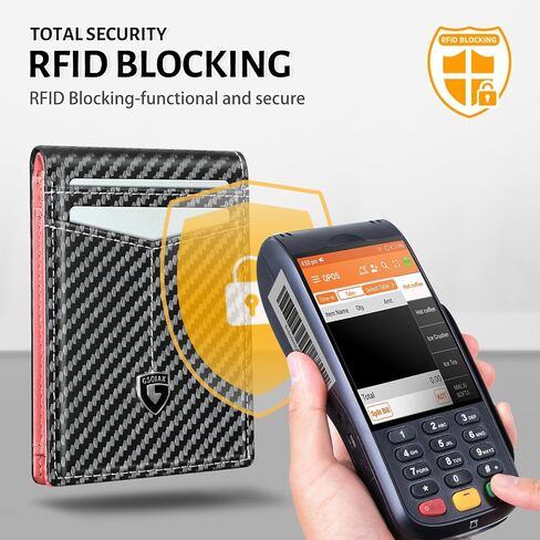 محفظة GSOIAX رفيعة للرجال من الجلد من ألياف الكربون RFID مع جيب أمامي بسيط ومحفظة ثنائية الطي مع نافذة لبطاقة الهوية، 12 حامل بطاقة ائتمان مع صندوق هدايا (أرجواني كربوني) in Kuwait