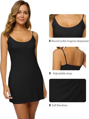 WiWi Womens Bamboo Viscose Slip Nightgown Sexy Chemise Lingerie Cami Pajamas Spaghetti Strap Sleep Dress S-4X, Black, X-Large in Saudi Arabia