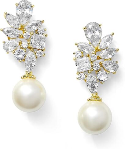 Mariell Gold Pearl Drop Bridal Earrings with CZ Crystal, Statement Jewelry for Bride, Mother of the Bride, Metal Gemstone, Cubic Zirconia in Kuwait