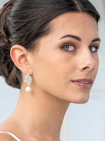 Mariell Gold Pearl Drop Bridal Earrings with CZ Crystal, Statement Jewelry for Bride, Mother of the Bride, Metal Gemstone, Cubic Zirconia in Kuwait