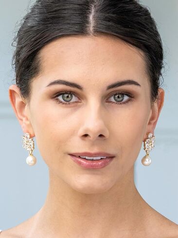 Mariell Gold Pearl Drop Bridal Earrings with CZ Crystal, Statement Jewelry for Bride, Mother of the Bride, Metal Gemstone, Cubic Zirconia in Kuwait