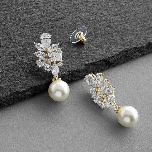 Mariell Gold Pearl Drop Bridal Earrings with CZ Crystal, Statement Jewelry for Bride, Mother of the Bride, Metal Gemstone, Cubic Zirconia in Kuwait
