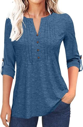 Grlasen Women's Fashion Long Sleeve T-Shirt Pleated Button V-Neck Solid Color Casual Tunic Top in Kuwait