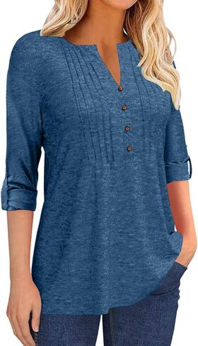 Grlasen Women's Fashion Long Sleeve T-Shirt Pleated Button V-Neck Solid Color Casual Tunic Top in Kuwait