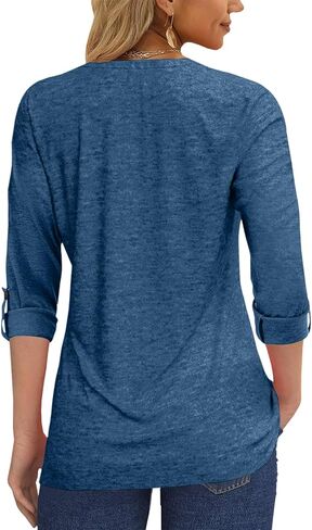 Grlasen Women's Fashion Long Sleeve T-Shirt Pleated Button V-Neck Solid Color Casual Tunic Top in Kuwait