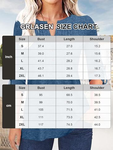 Grlasen Women's Fashion Long Sleeve T-Shirt Pleated Button V-Neck Solid Color Casual Tunic Top in Kuwait