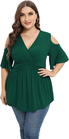 TIANZHU Plus Size Tops for Women Sexy Empire Waist Dressy Short Sleeve Shirts with Cold Shoulder Detail in Kuwait
