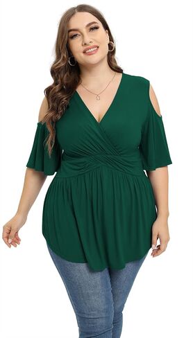 TIANZHU Plus Size Tops for Women Sexy Empire Waist Dressy Short Sleeve Shirts with Cold Shoulder Detail in Kuwait