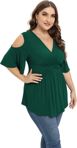 TIANZHU Plus Size Tops for Women Sexy Empire Waist Dressy Short Sleeve Shirts with Cold Shoulder Detail in Kuwait