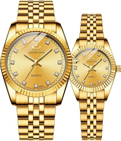 MASTOP Couple Watches Classic Golden Stainless Steel Watch His and Hers Waterproof Quartz Watch… in Saudi Arabia