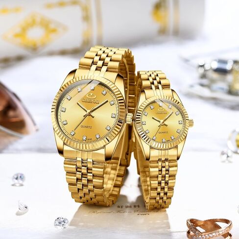MASTOP Couple Watches Classic Golden Stainless Steel Watch His and Hers Waterproof Quartz Watch… in Saudi Arabia