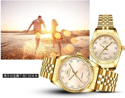 MASTOP Couple Watches Classic Golden Stainless Steel Watch His and Hers Waterproof Quartz Watch… in Saudi Arabia