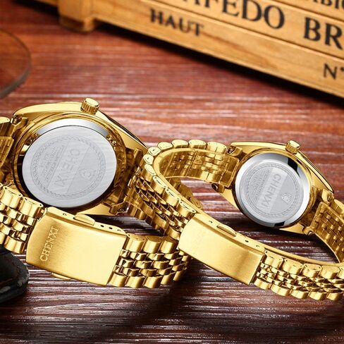 MASTOP Couple Watches Classic Golden Stainless Steel Watch His and Hers Waterproof Quartz Watch… in Saudi Arabia