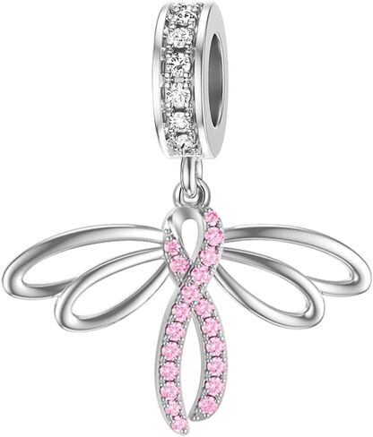 LEECCI Breast Cancer Awareness Charm Dragonfly Pink Ribbon Charm for Bracelet Sterling Silver Women's Charm Bead Bracelets with Cubic Zirconia Breast Cancer Survivor Gifts for Women, Sterling Silver, in Saudi Arabia